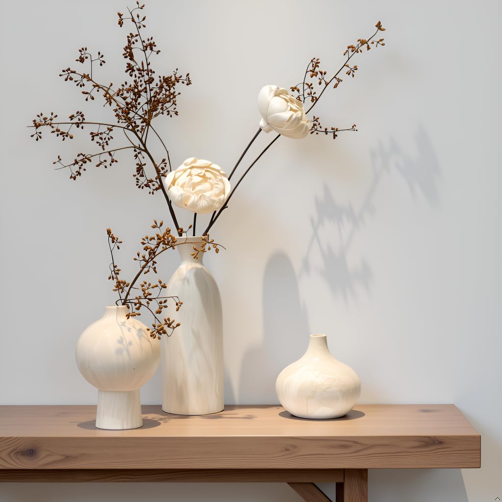 AELEAN Ceramic Vase Set of 3 – White & Beige, Stone-Look Texture