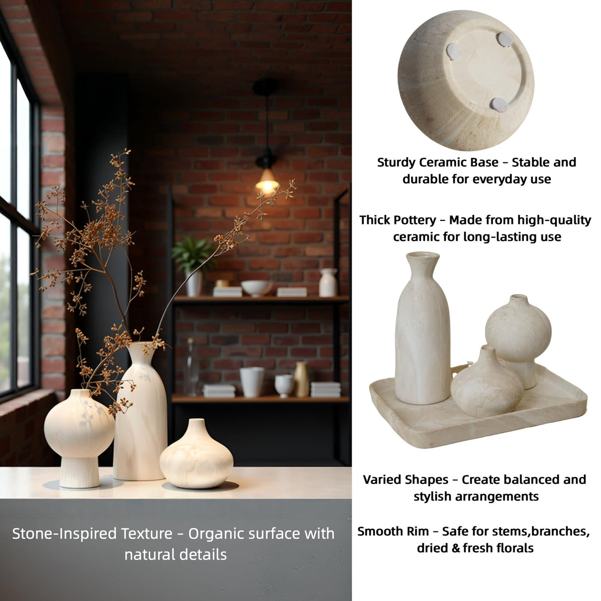 AELEAN Ceramic Vase Set of 3 – White & Beige, Stone-Look Texture