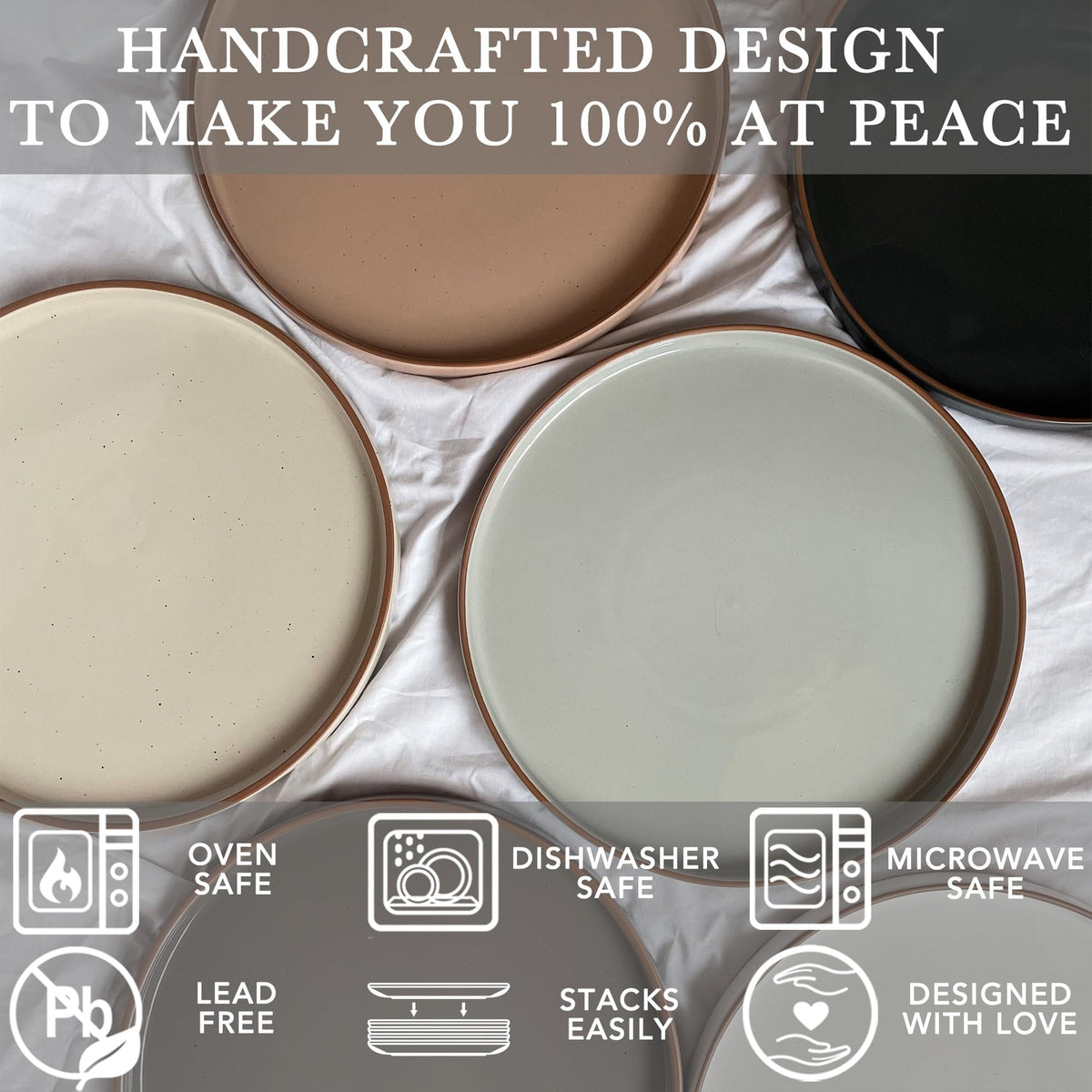 AELEAN Ceramic Flat Plates – Set of 6, 8 Inch, Neutral Colors