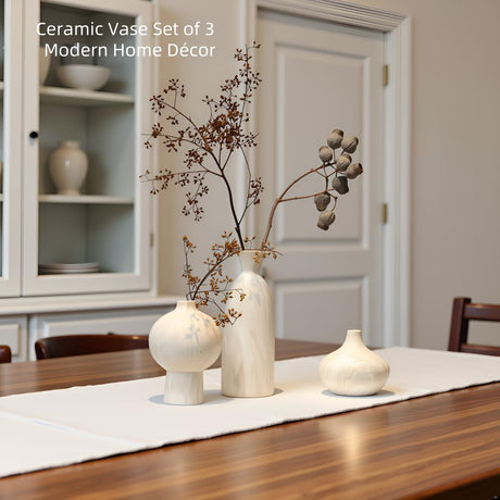 AELEAN Ceramic Vase Set of 3 – White & Beige, Stone-Look Texture