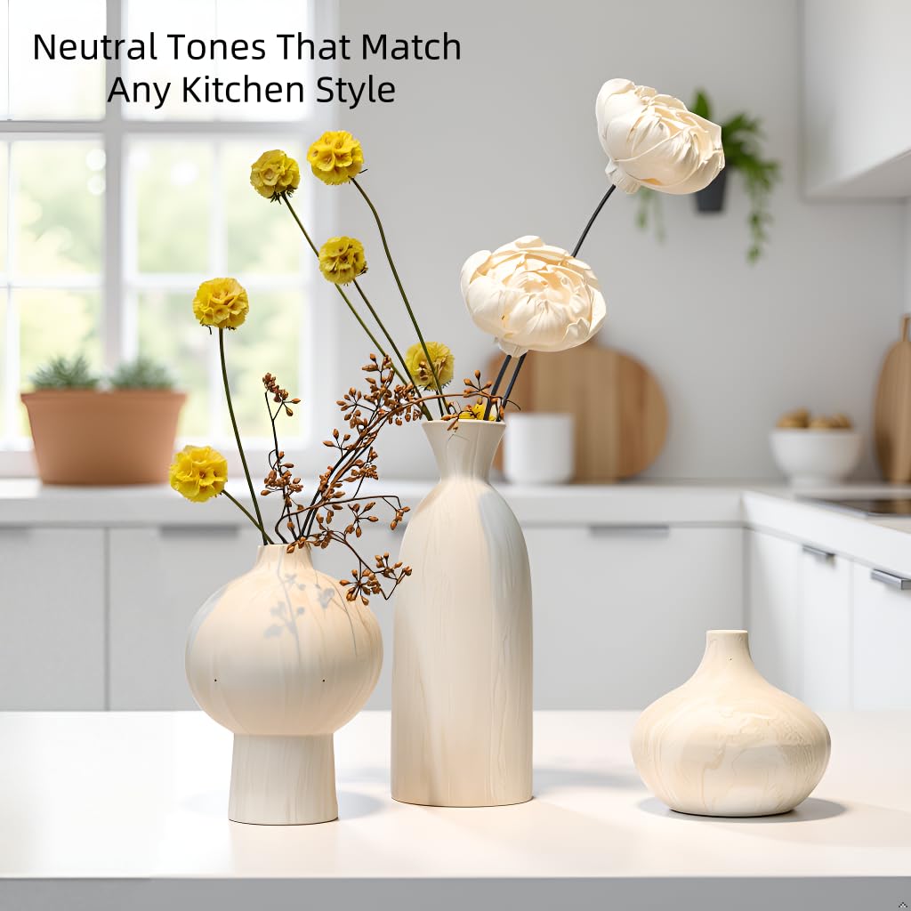 AELEAN Ceramic Vase Set of 3 – White & Beige, Stone-Look Texture