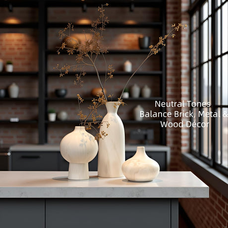 AELEAN Ceramic Vase Set of 3 – White & Beige, Stone-Look Texture