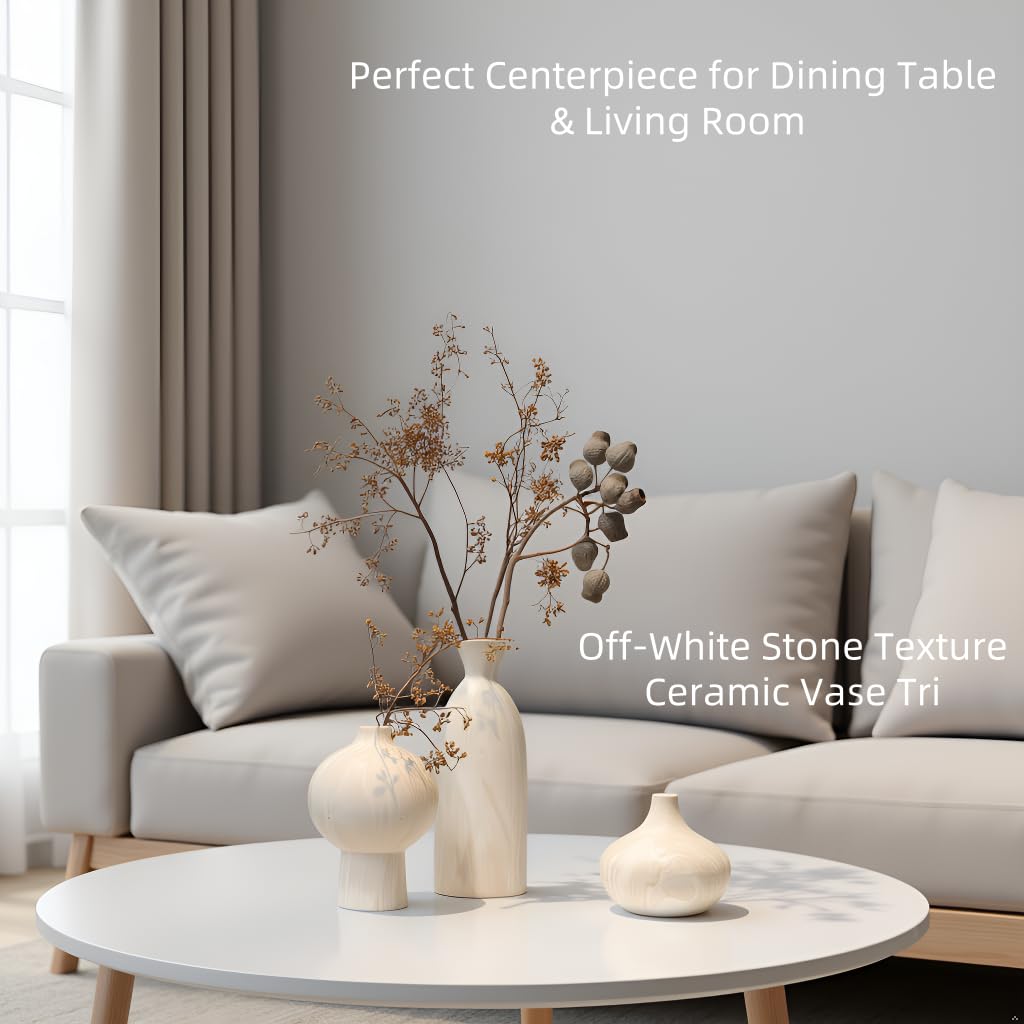 AELEAN Ceramic Vase Set of 3 – White & Beige, Stone-Look Texture