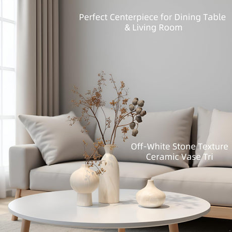 AELEAN Ceramic Vase Set of 3 – White & Beige, Stone-Look Texture
