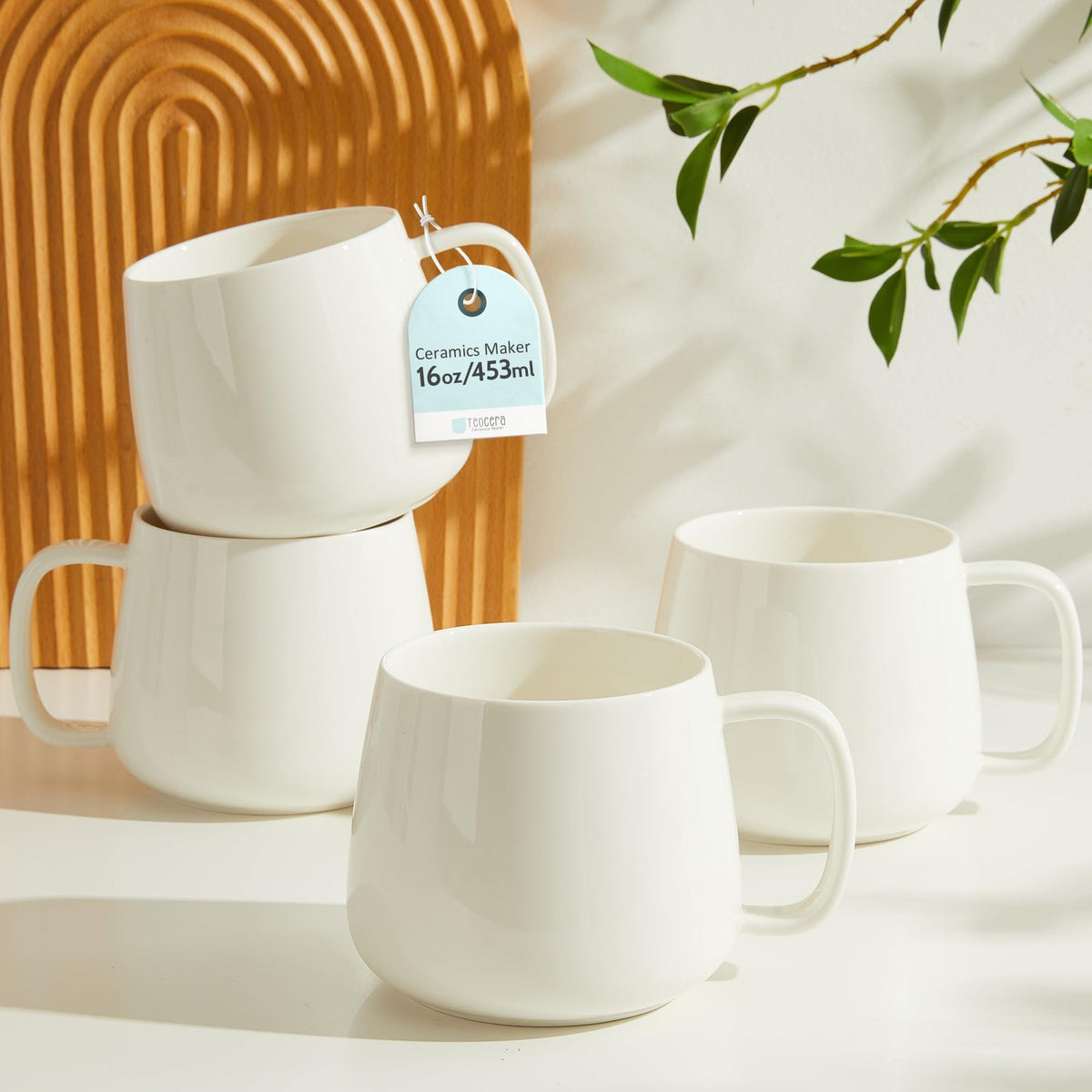 AELEAN 16oz Stackable Ceramic Coffee Mugs – Set of 4, White