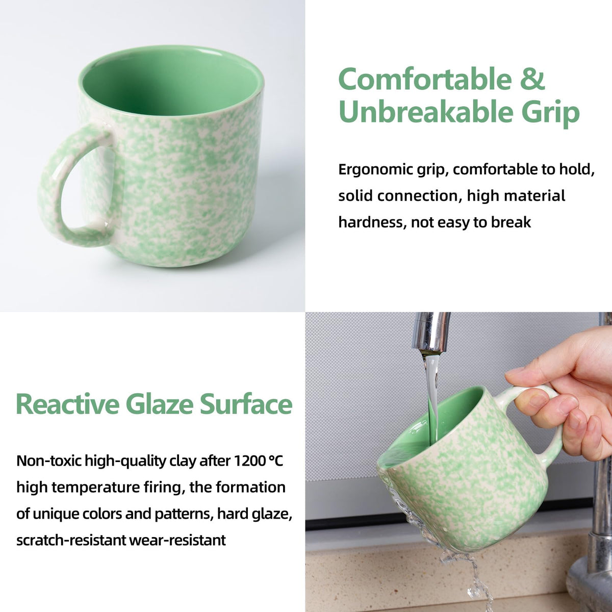 AELEAN 12oz Ceramic Coffee Mugs – Set of 4, Green