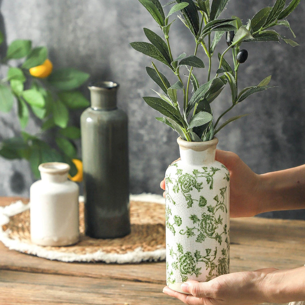 AELEAN Vintage Ceramic Flower Vase Set of 3 – Chinoiserie, Green & Beige