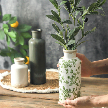 AELEAN Vintage Ceramic Flower Vase Set of 3 – Chinoiserie, Green & Beige