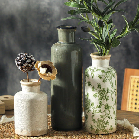 AELEAN Vintage Ceramic Flower Vase Set of 3 – Chinoiserie, Green & Beige