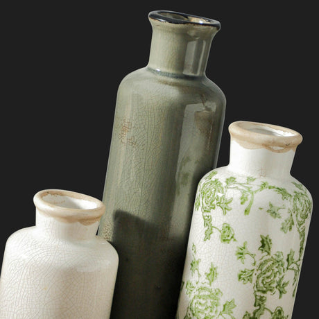 AELEAN Vintage Ceramic Flower Vase Set of 3 – Chinoiserie, Green & Beige