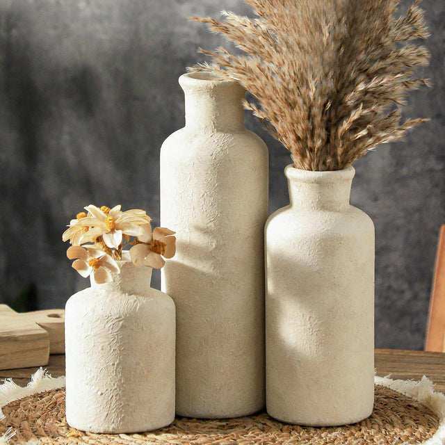 AELEAN Ceramic Vases Set of 3 – Whitewashed Neutral, Farmhouse Decor