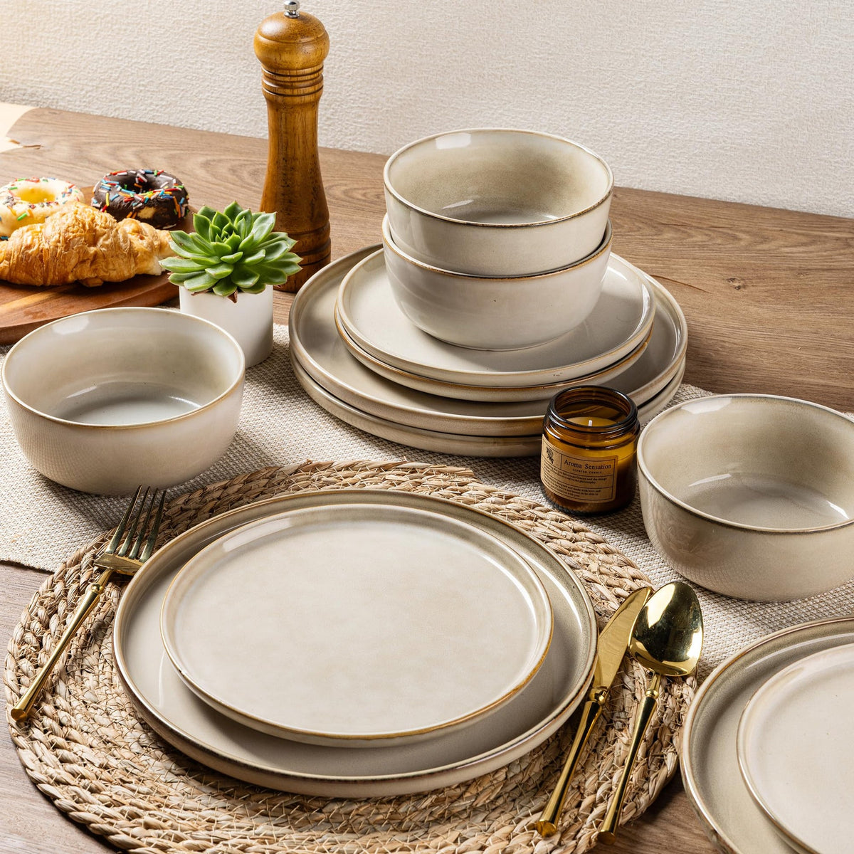 AELEAN Stoneware Dinnerware Set – Reactive Glaze, Service for 8